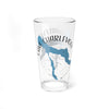 Clear glass pint glass with blue Charlevoix map and compass design.
