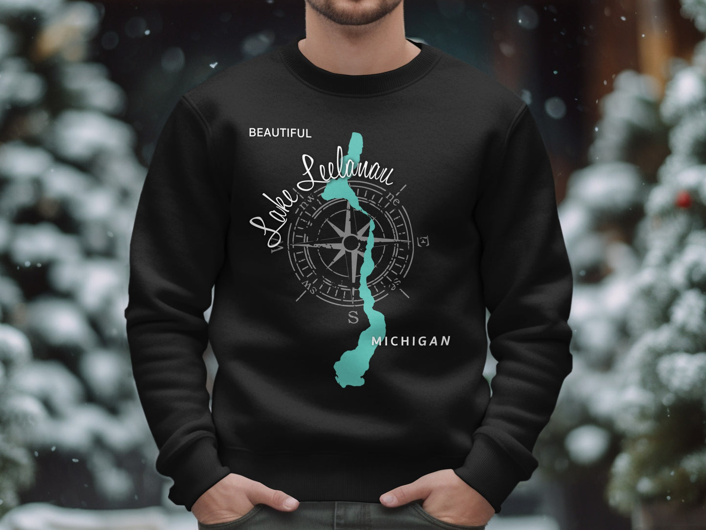 Black sweatshirt with "Beautiful Leelanau Lake Michigan" text and compass design.