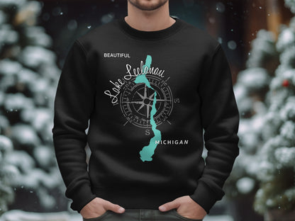 Black sweatshirt with "Beautiful Leelanau Lake Michigan" text and compass design.