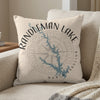 Pillow with Randleman Lake map and compass rose, North Carolina text.