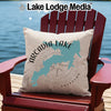 Light beige pillow with Arcadia Lake, Oklahoma map and compass design on Adirondack chair.