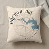 Cream pillow with blue outline of Pactola Lake, compass, and South Dakota text.