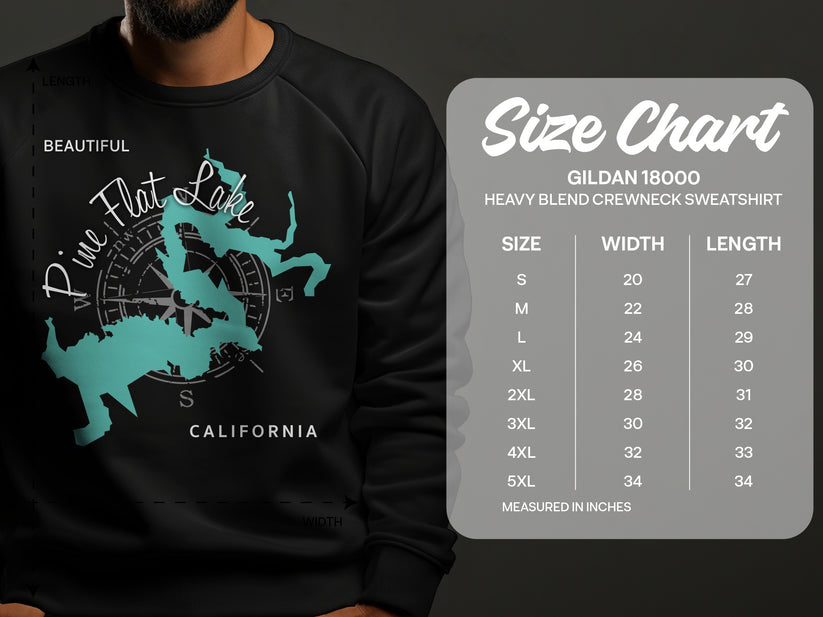 Gildan 18000 sweatshirt size chart showing measurements for sizes S-5XL.