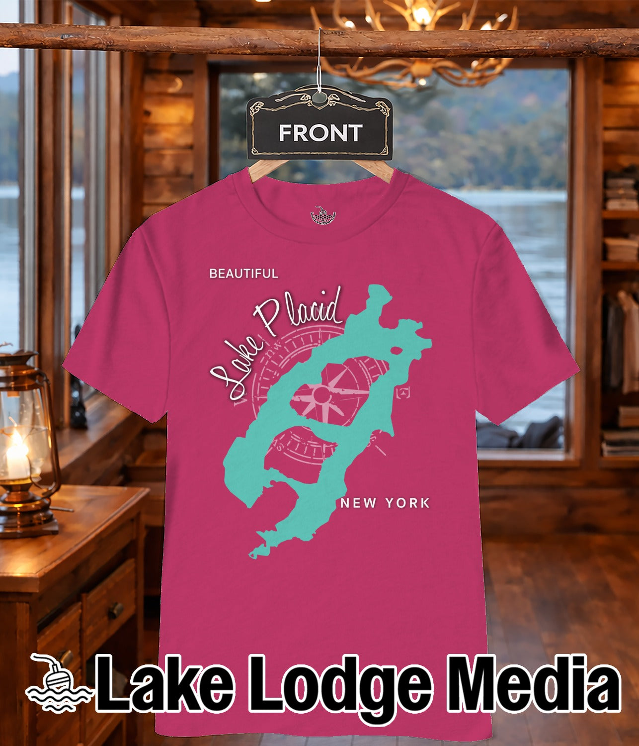 Fuchsia t-shirt with "Lake Placid" compass graphic and "New York" text.