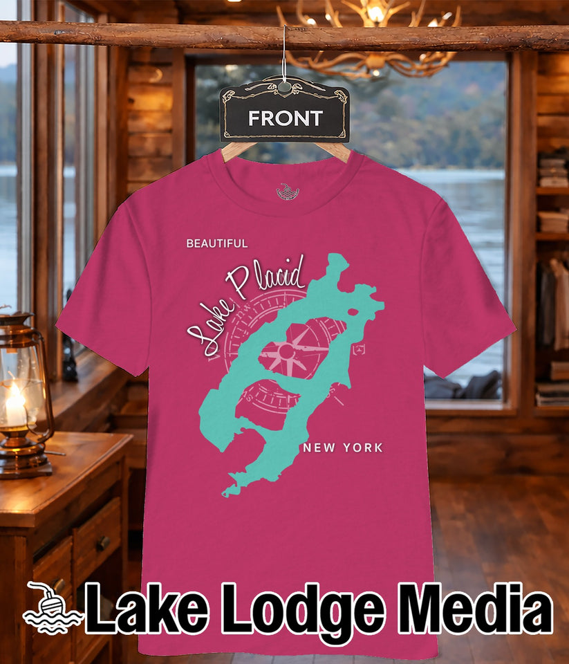 Fuchsia t-shirt with "Lake Placid" compass graphic and "New York" text.