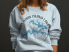 Light blue sweatshirt with Mountain Island Lake Carolina map and compass graphic.