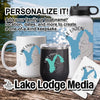 Mug, tumbler, and water bottle with Lake Union map graphic and personalization text.