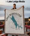 Woven blanket with Lake Berryessa map and compass design.