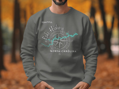Gray sweatshirt with "Beautiful Lake Hickory North Carolina" and compass graphic.