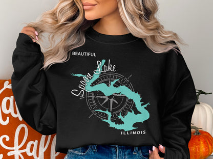 Black sweatshirt with Spoon Lake Illinois and compass graphic.
