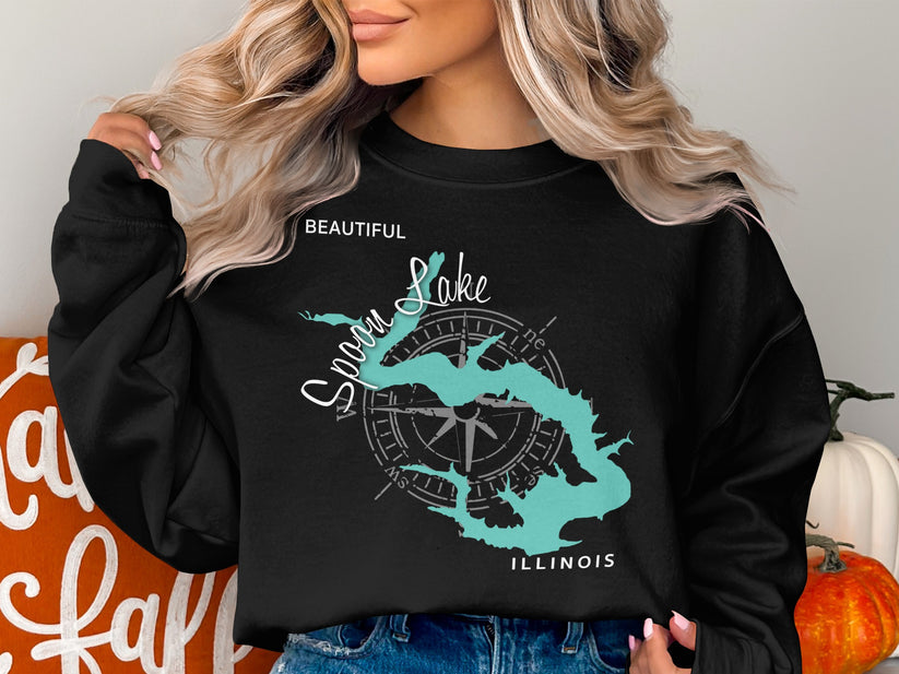 Black sweatshirt with Spoon Lake Illinois and compass graphic.