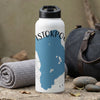 White water bottle with black lid displaying a map-like graphic and "ISTOKPO" text.