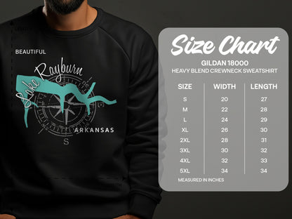 Gildan 18000 sweatshirt size chart with Lake Rayburn Arkansas graphic.
