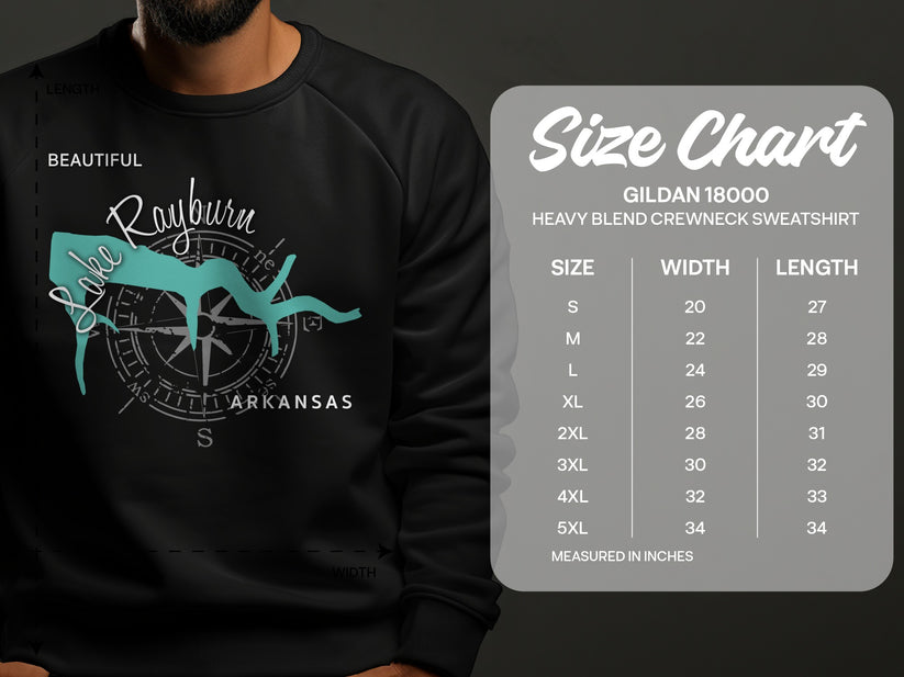 Gildan 18000 sweatshirt size chart with Lake Rayburn Arkansas graphic.