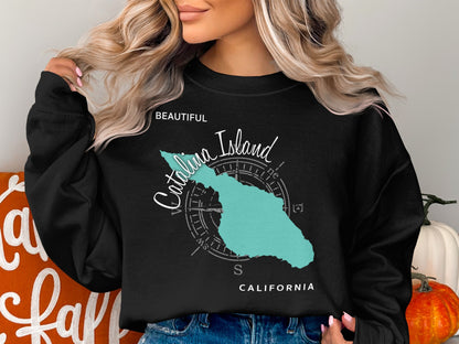 Catalina Island map graphic on black crewneck sweatshirt.