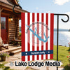 Garden flag with red and white stripes, Sam Rayburn Reservoir map, and "The Smith Family" text.