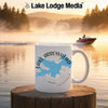 White mug with "Lake Arrowhead California" map design on a lake background.