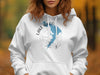 White hoodie featuring a blue map of Lake Waco and compass graphic with text.