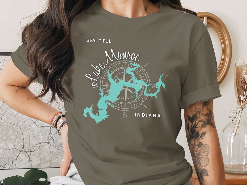 T-shirt with "Lake Monroe Indiana" map design and compass rose.