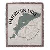 Throw blanket with American Lake map outline, compass rose, and text "American Lake Washington".