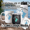 White mug, black tumbler, and white water bottle with "Lake Buchanan" map designs.