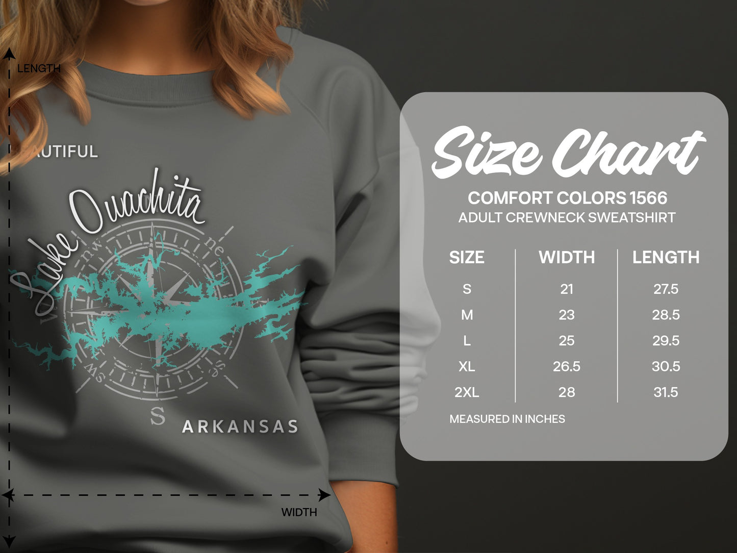 Adult crewneck sweatshirt size chart with Lake Ouachita graphic.
