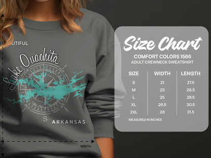 Adult crewneck sweatshirt size chart with Lake Ouachita graphic.
