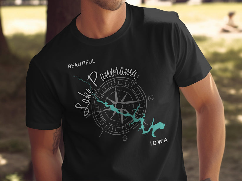 Black t-shirt with "Lake Panorama" and compass design, "Beautiful Iowa".