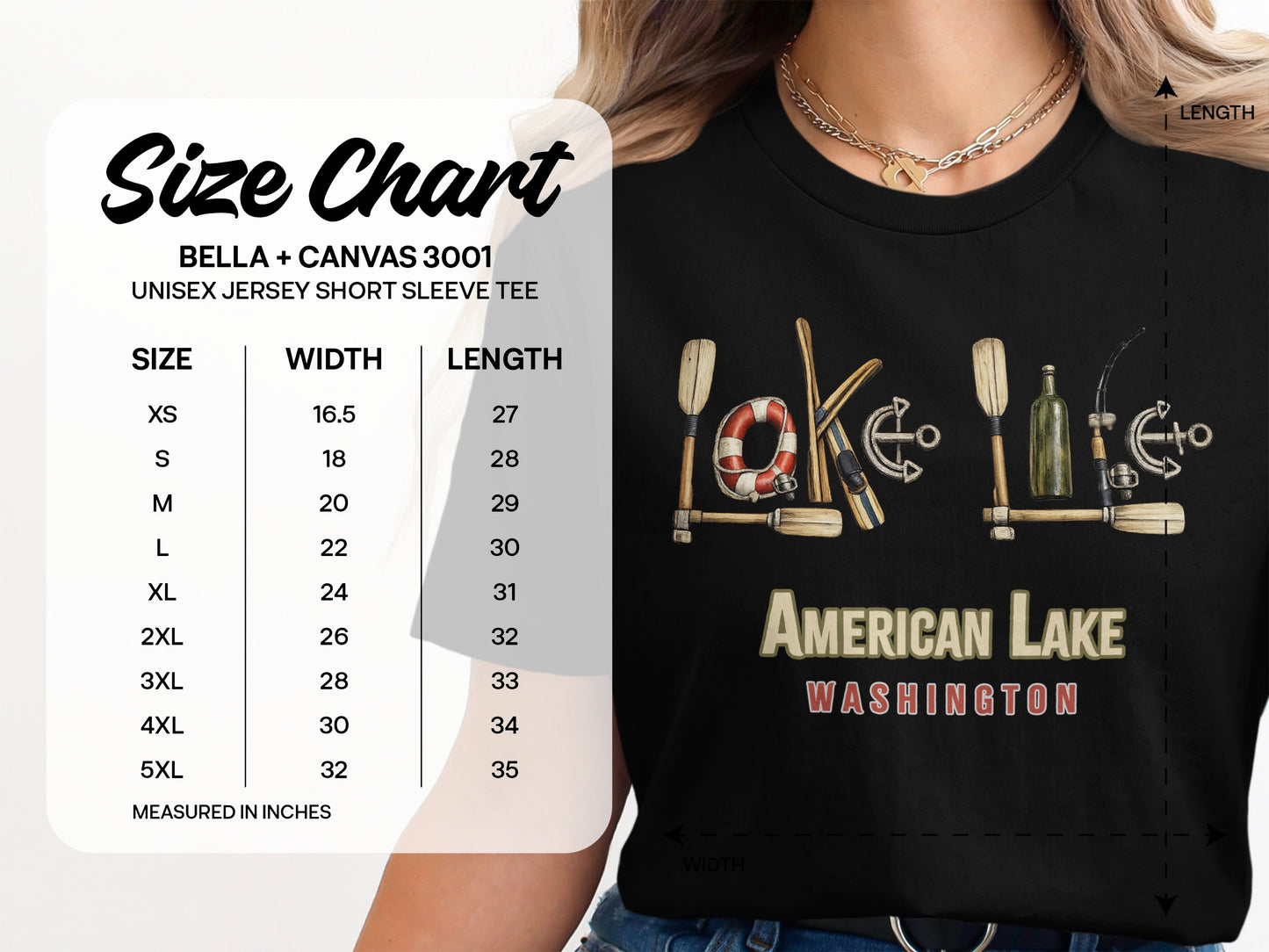 Size chart for Bella + Canvas 3001 unisex t-shirt with American Lake graphic.