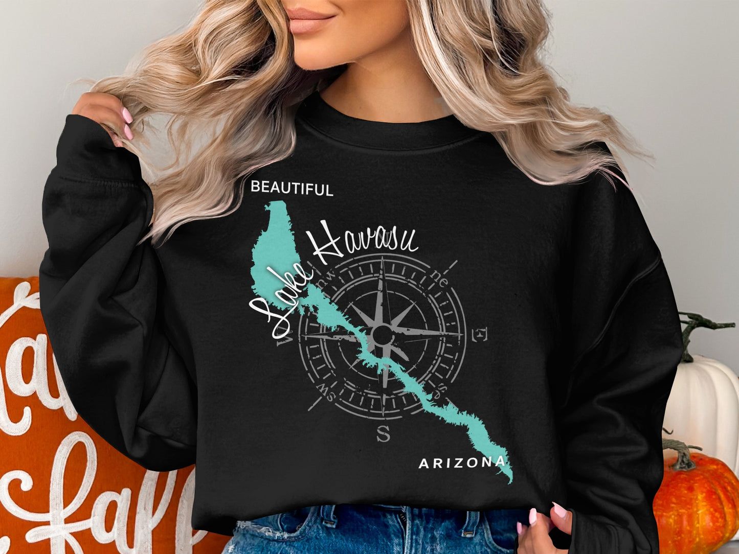 Black sweatshirt with a teal Lake Havasu map and compass design.