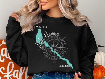 Black sweatshirt with a teal Lake Havasu map and compass design.
