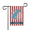 A red and white striped garden flag on a black stand featuring a blue lake silhouette, compass graphic, and text reading Ross Barnett Lake Mississippi.