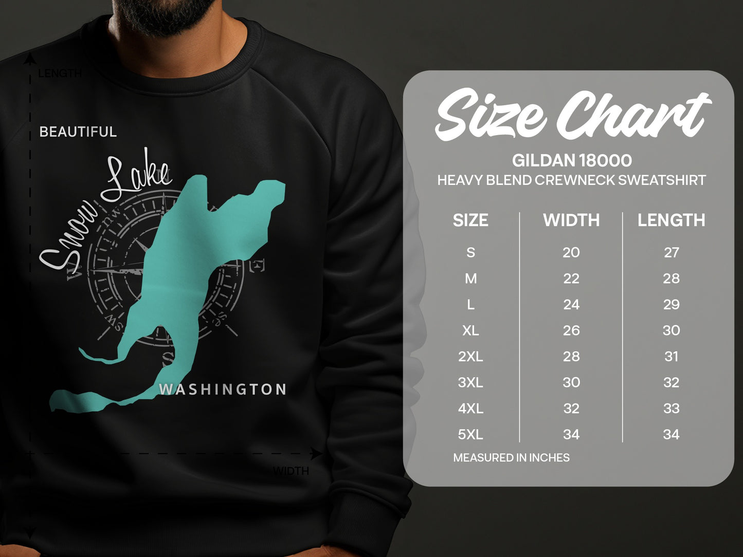 Snow Lake Washington graphic sweatshirt size chart with dimensions.
