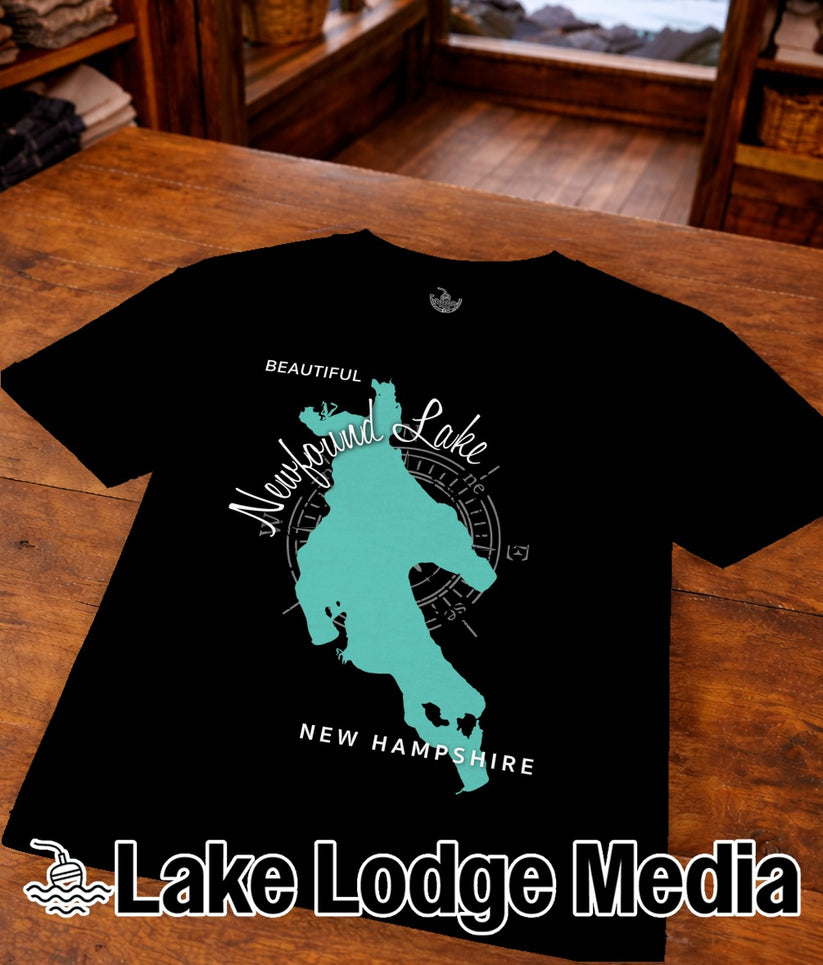 Black t-shirt with Newfound Lake map and "Lake Lodge Media" logo.