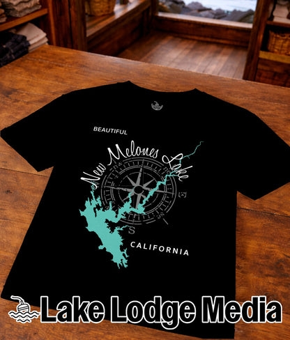 Black t-shirt featuring a compass and map of Melones Lake, California.