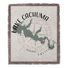 Woven blanket featuring the shape of Lake Cachuma, California with compass rose.