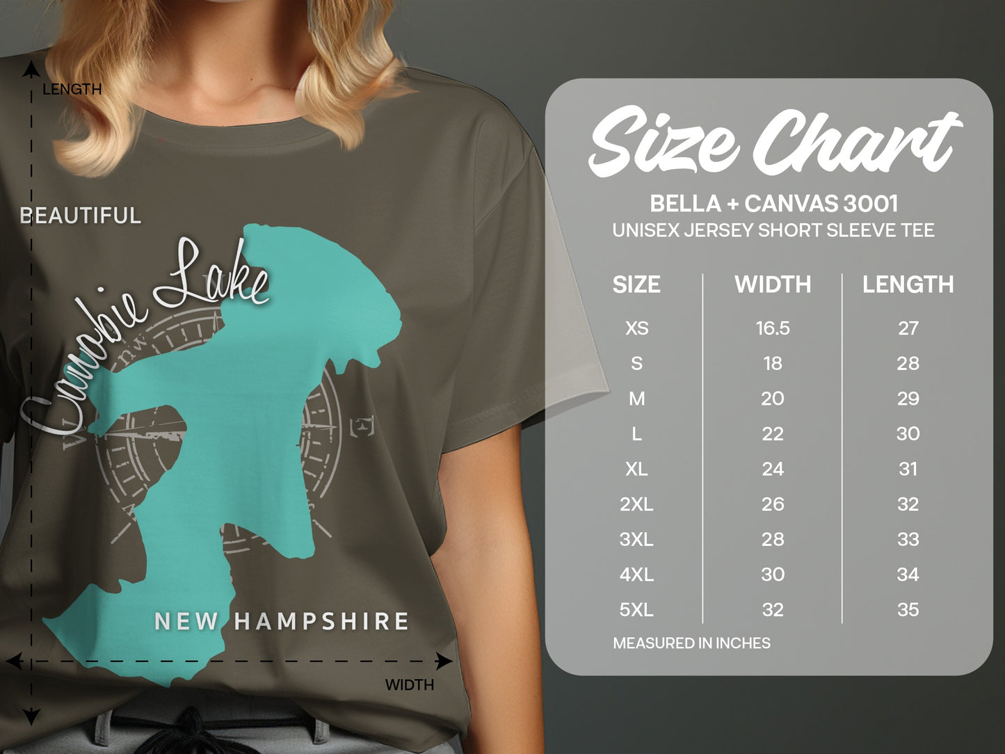 T-shirt size chart for Bella + Canvas 3001 with lake outline graphic.