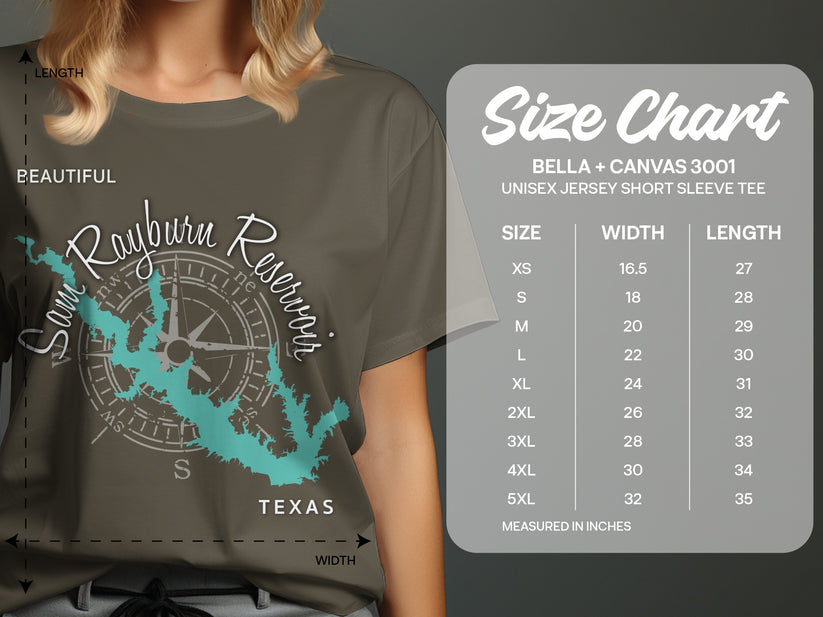 T-shirt with a map of Sam Rayburn Reservoir, Texas, and a size chart.