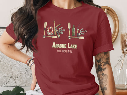 Maroon t-shirt with "Lake Life" and "Apache Lake Arizona" text and nautical graphics.