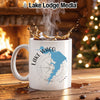 White mug with Lake Waco Texas map and compass design, steaming coffee.