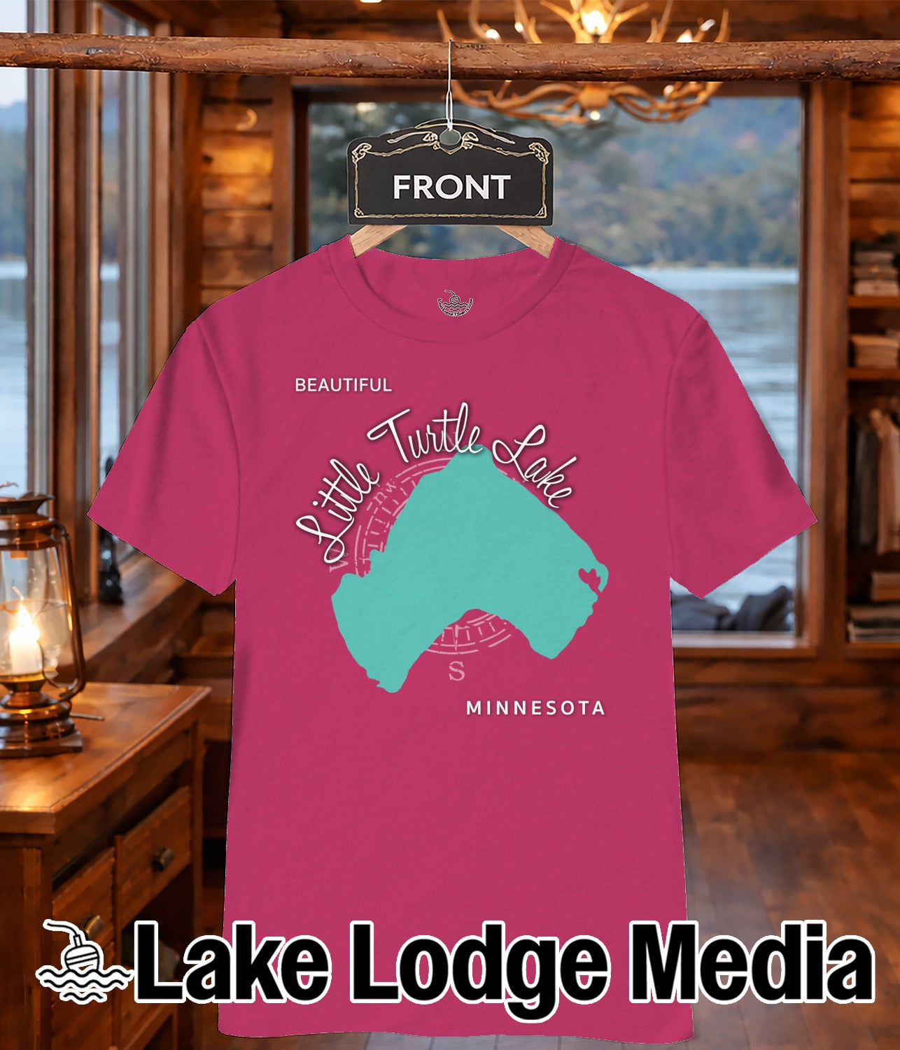 Pink t-shirt with a teal outline of Minnesota featuring "Little Turtle Lake" text.