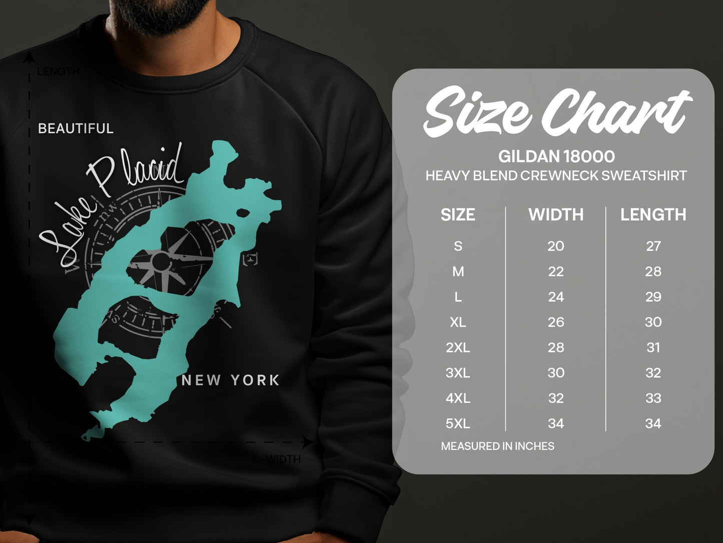 Sweatshirt size chart for Lake Placid, New York, Gildan 18000.