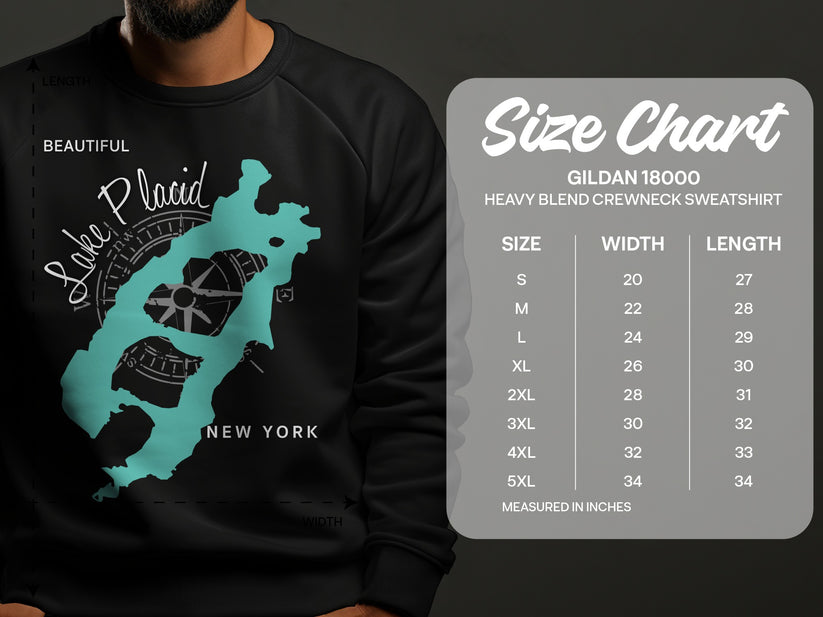 Sweatshirt size chart for Lake Placid, New York, Gildan 18000.