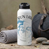 White water bottle with "RUN LAKE" text and a compass graphic.
