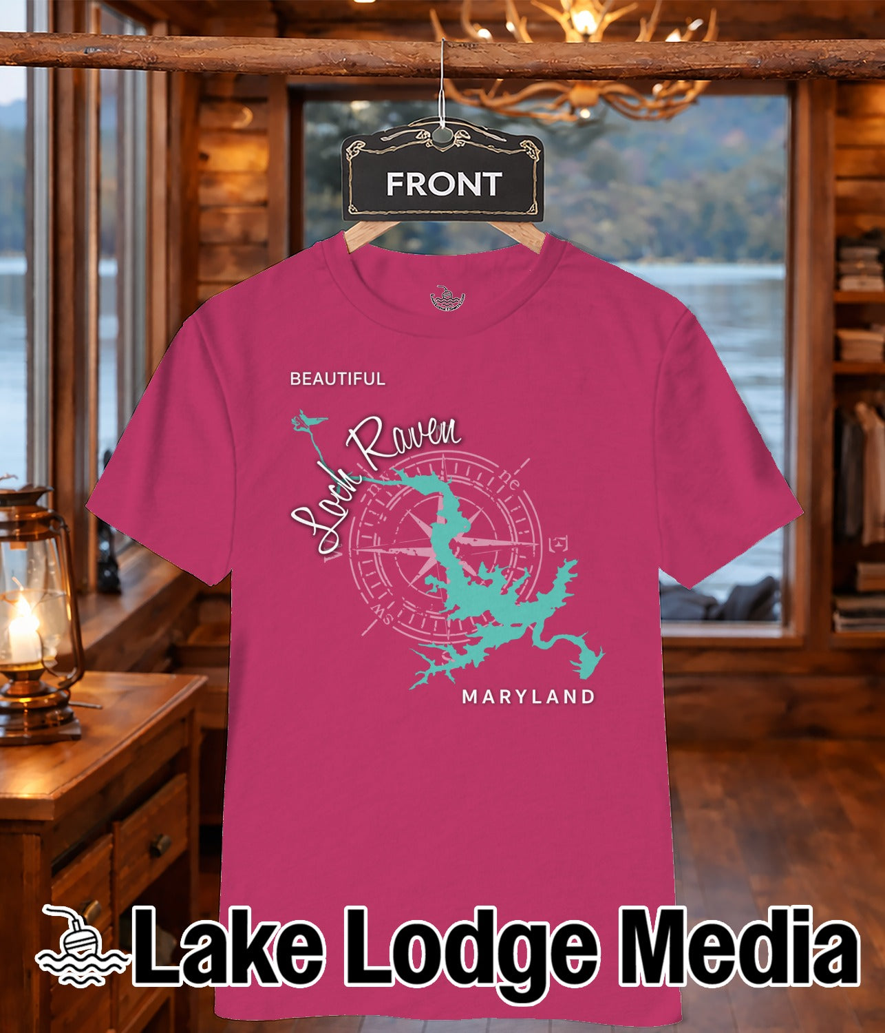 Pink t-shirt with "Beautiful Lake Raven Maryland" map design.