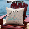 Pillow with Lake Shasta California map design on a red chair.
