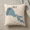 Pillow with blue Clear Lake, California map graphic and compass rose.