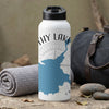 White water bottle with blue map and "othy Lake OR" text.