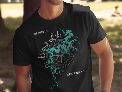 Black t-shirt with Beaver Lake graphic and compass rose.