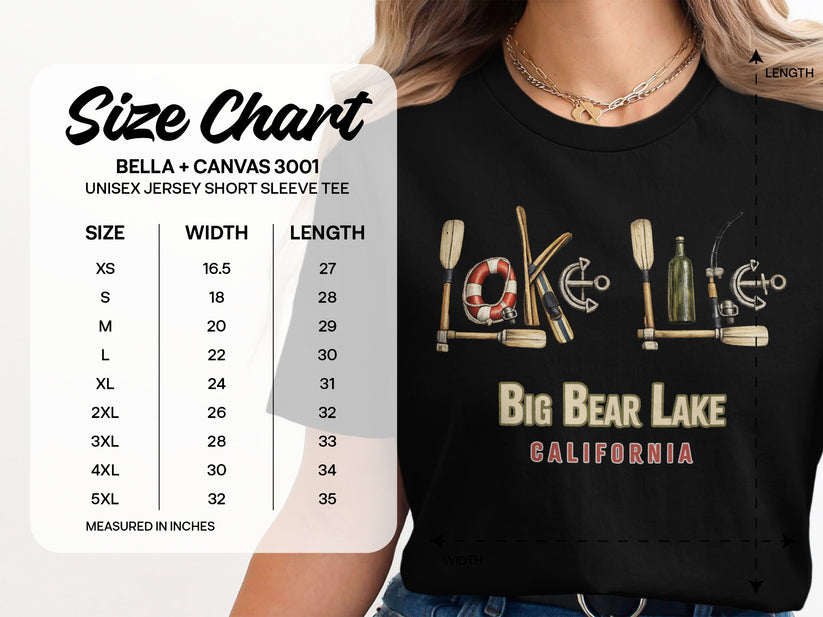 Size chart for Big Bear Lake, California unisex t-shirt, with width and length measurements.